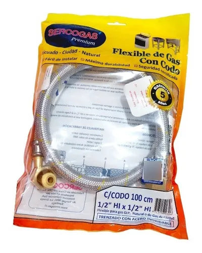 Flexible De Gas Certificado 1/2" X 1/2" 1 Mt Con Codo Sercogas